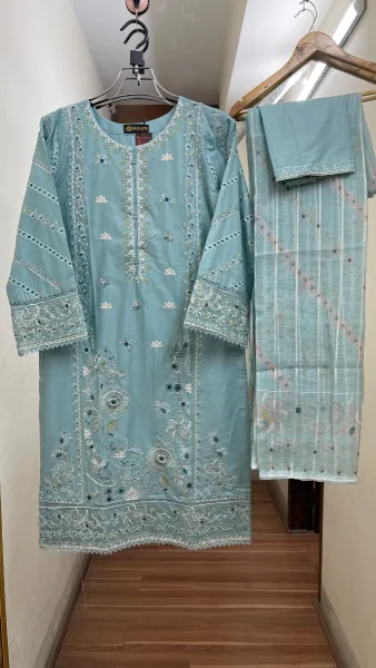 Pakistani Original Hayat Stitched Cotton 3Pcs _ Sky Blue